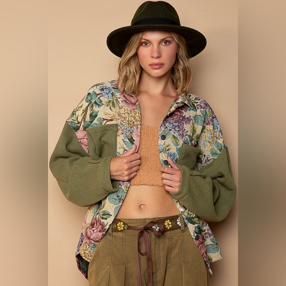 447. POL LAST 1! shacket Floral Jacquard Button Contrast Thermal Long Sleeve - Picture 2 of 5